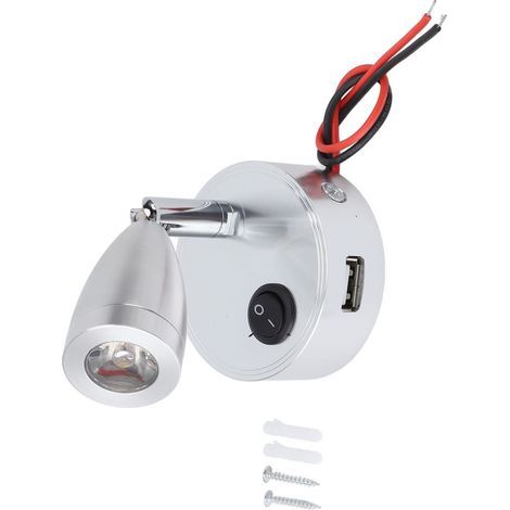 RV Reading Lamp with Push Button Switch, 350° Rotating Spotlight with USB Port for Boat, Yacht, Camper, 4000K DC10-30V, Silver (1/5)