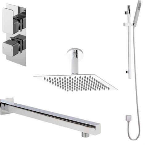 Balterley Empire Modern Square 2 Outlet Shower Valve, Head, Wall Arm and Slide Rail Handset Bundle - Chrome