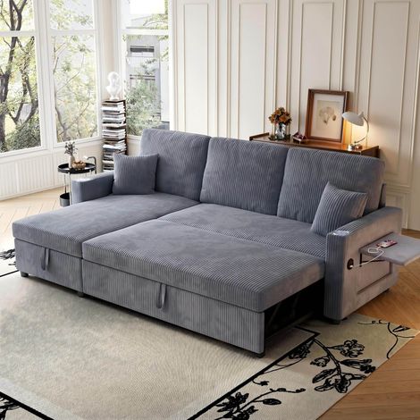 Sofá cama modular de pana gris con almacenamiento, mesa auxiliar, portavasos, USB y Type-C (1/5)