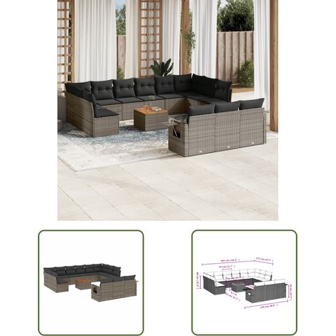 The Living Store Salon de jardin avec coussins 14 pcs gris résine tressée - Ensemble Salon De Jardin - Meuble Extérieur - Résine Tressée - Rotin Synthétique - Mobilier De Jardin (1/3)