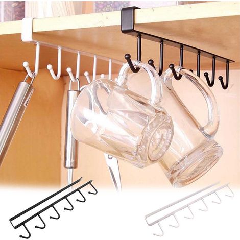 Support Murale Sans Perçage - Crochet Sous Placard Cuisine Salle De Bain - Pour Serviettes Ustensiles Ceintures - Lot De 1 Support À 6 Crochets (1/5)