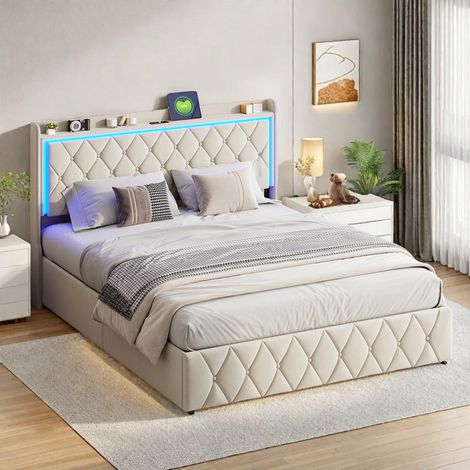 Lit double avec bandeau LED réglable - Lit à rangement hydraulique 160 x 200 avec prise de recharge - Tête de lit rembourrée en velours - Style scandinave - Beige (1/5)