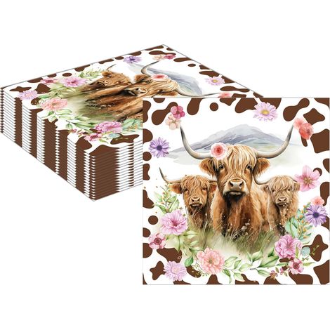 Lot de 40 serviettes en papier Highland Cow, serviettes en papier avec imprimé vache, 33x33cm, décoration de table pour la fête de jardin, décoration de table pour l'anniversaire des enfants (1/4)