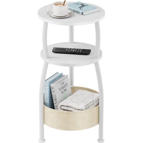Table d'appoint ronde, à 3 niveaux, petite table d'appoint avec panier en tissu, table basse pour salon, chambre à coucher, petit espace, montage facile, 30 x 61 cm (blanc) (1/5)