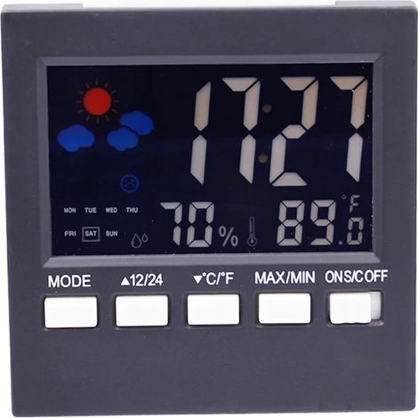 Station météo numérique multifonctionnelle : thermomètre, hygromètre, horloge, alarme, calendrier et prévisions météo. Affichage couleur de la température et de l'humidité. (1/5)