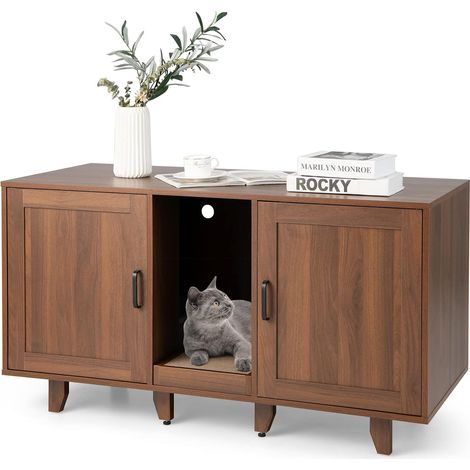 COSTWAY Katzenschrank, Katzenklo mit Eingang & Tür, Katzenklo-Schrank mit Kratzbrett, 3-in-1 Katzenhaus für Katzentoilette, 120 x 52 x 65 cm, Katzenhöhle für Katzen Hunde, Katzenmöbel (Kaffee)
