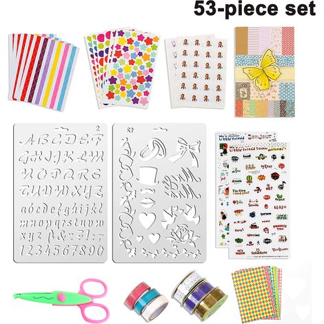 Kit d'accessoires de scrapbooking 53 pièces : autocollants, coins photo, stylos métalliques, perforatrices, ruban de dentelle.