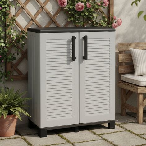 Dmora Mueble para exteriores o interno multiusos, armario bajo con 2 puertas y 1 estante de polipropileno, 100% Made in Italy, 68x37h90 cm, color gris (1/4)