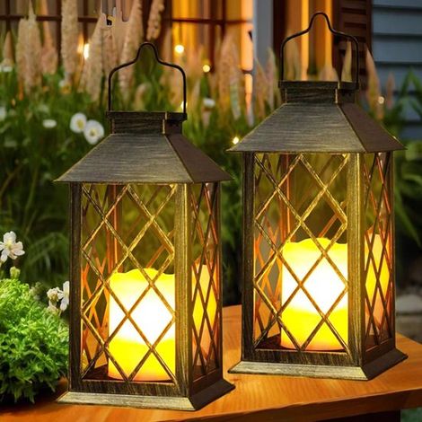 Ensemble de 2 lampes solaires à effet bougie - éclairage solaire de jardin - lampe solaire d'extérieur - éclairage décoratif de jardin - éclairage solaire de terrasse - fer - bronze antique (1/5)