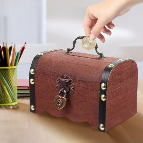 Coffre au trésor rétro en bois avec serrure et clé, tirelire vintage, boîte à monnaie, rangement de bijoux, décoration artisanale 14,5 x 10 x 9,5 cm (1/5)