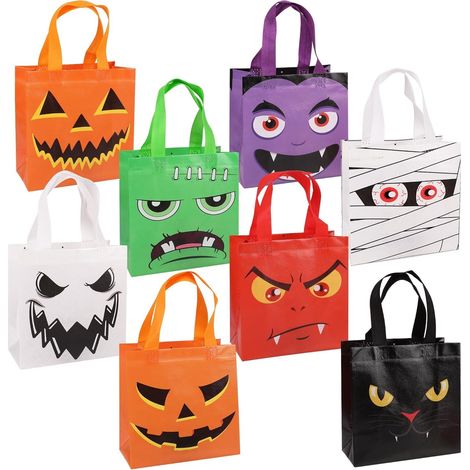 Set di 8 sacchetti per dolcetti di Halloween con manici, sacchetti regalo per dolcetto o scherzetto in tessuto non tessuto, sacchetti regalo riutilizzabili con disegni di emoji smorfie, bomboniere per (1/5)