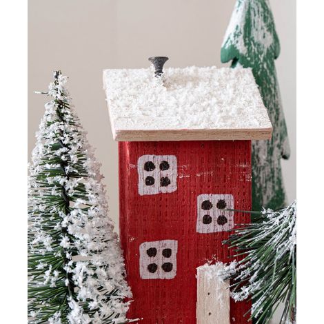 Maisonnette En Bois - Décoration De Noël Pour Table - Cabane De Neige Rouge - Ornement Festif - 1 Pièce (1/4)