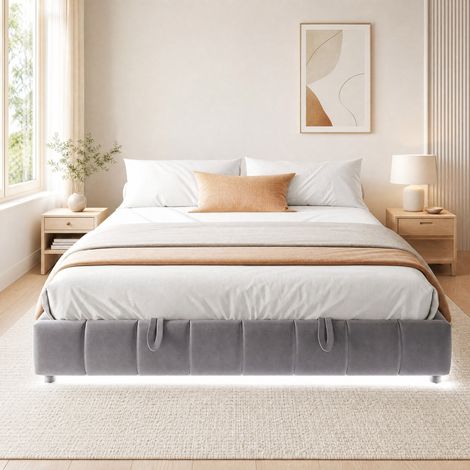 Letto contenitore 180x200 cm in velluto grigio con LED, per spazi ridotti, senza materasso – MEUBLIV (1/4)