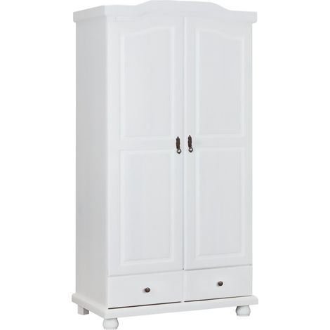Zweitüriger Kleiderschrank mit zwei Schubladen in Kiefer massiv, Farbe weiß, 104 x 200 x 56 cm. (1/4)