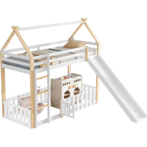 Lit mezzanine enfant avec toboggan, toit cabane, espace sous le lit avec barrière, sommier à lattes et échelle, 90x200 cm blanc et naturel - CHICFURN (1/5)