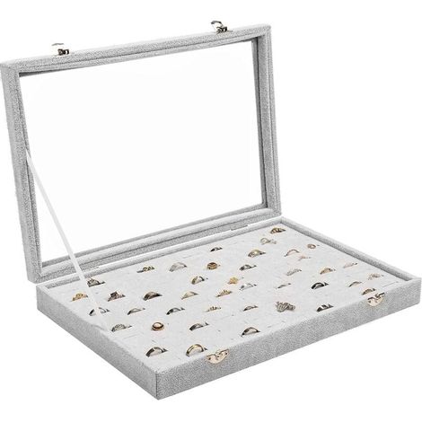 Boite A Bijoux - Rangement Bagues Avec 100 Encoches En Velours - Couvercle En Verre Transparent - 35 X 24 X 4 8 Cm - 1 Piece