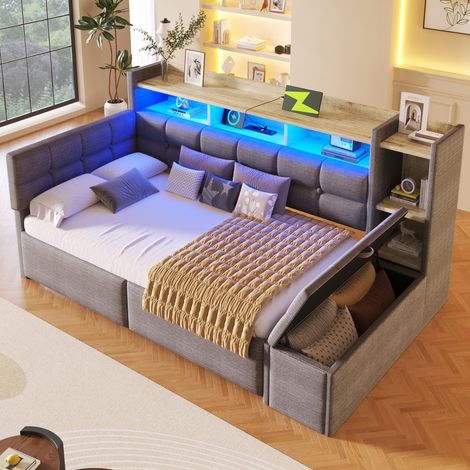 Cama Nido 90×190 cm, Cama Individual con 2 Cajones, USB, Tipo C, Estante y LED Regulable, sin Colchón, Terciopelo, Gris Oscuro (1/5)