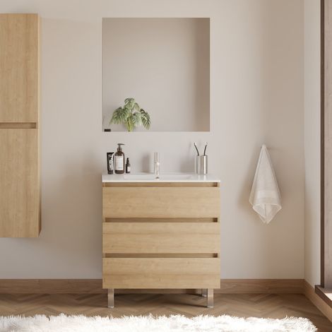 Meuble de salle de bain 60cm simple vasque - 3 tiroirs - nebraska (bois clair) - MAYOR