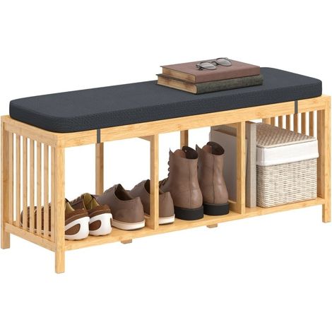 Banc d'entrée en bambou avec assise rembourrée et étagère ouverte, finition aspect bois naturel.