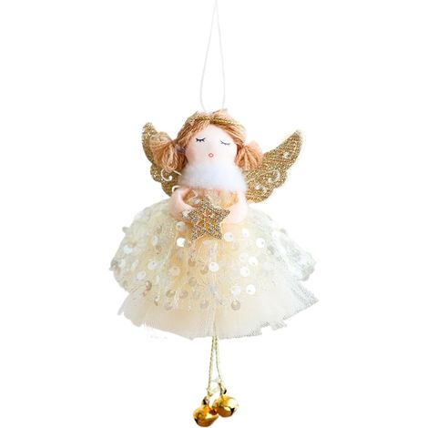 Ornement d'ange avec clochettes, joli pendentif pour sapin de Noël, décoration de Noël en tissu pour porte ou fenêtre, couleur champagne (1/5)