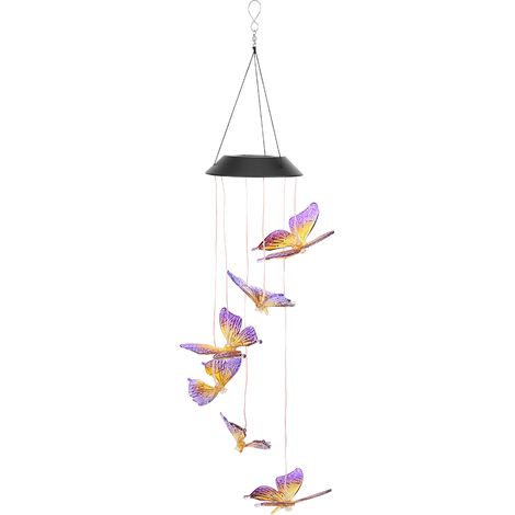 Lustre papillon solaire LED avec carillon éolien et lumière, décoration de cour, peint en violet et jaune. (1/5)
