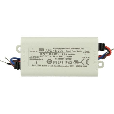 Led Driver CC MW MEAN WELL APC-16-700 Trasformatore 700mA 9V-24V DC 16W Corrente Costante IP42 (1/3)