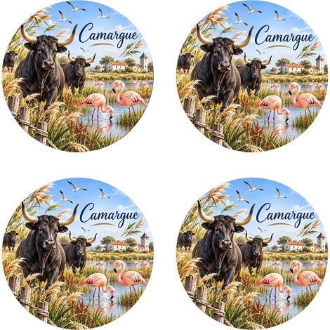 4 dessous de verre Camargue taureaux et flamants roses (1/2)