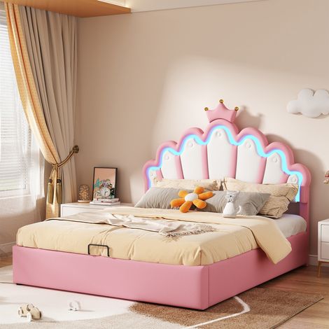 Cama matrimonio 140x200 cm con iluminación ambiental regulable y cabecero corona Rosa (sin colchón) (1/5)