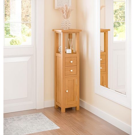 Hallowood Furniture Waverly Oak Open Top Tower Slim Storage Cabinet, Narrow Oak Bathroom Cabinet with 2 Drawers, Cupboard and Shelf, Display Cabinets for Hallway or Small Spaces (1/5)