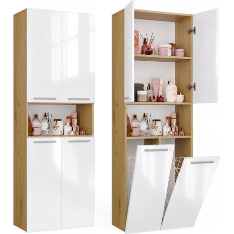 NEL 2k dk meuble de salle de bain - 3 étagères, 2 paniers à linge - 60x174x30 cm - chêne artisan blanc brillant (1/5)