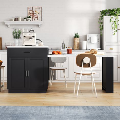 Îlot de cuisine 211/55/89,5 cm noir avec table extensible, prises et rangement (1/5)
