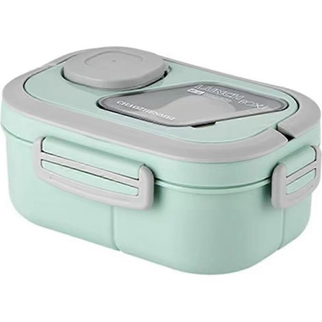 Boîte à lunch Bento pour adultes avec récipient à salade, pot à sauce et fourchette réutilisable - Étanche, multi-compartiments, verte (1/5)