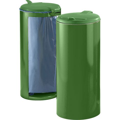 Collecteur de déchets en tôle d'acier pour sac de 120 l - avec tôle sur un côté - vert avec couvercle en plastique vert (1/3)