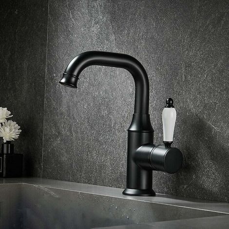 Robinet de lavabo pivotant : Corps en laiton, poignée en céramique, bec pivotant à 360°, finition noire mate