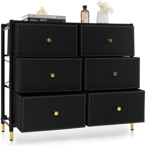 Goplus – Commode enfant 6 tiroirs amovibles et pliables – Meuble de rangement en tissu avec cadre en métal – Dispositif anti-basculement noir (1/5)