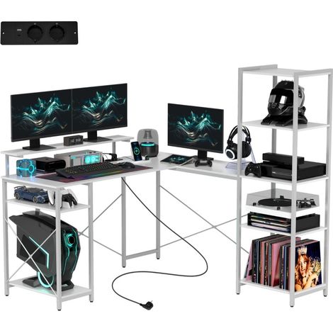 Escritorio gaming en L con estantería, soporte para monitor, enchufe USB y USB-C, blanco HOMVRA (1/5)