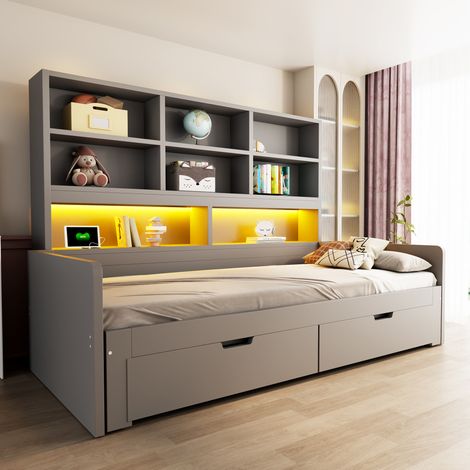 Letto divano multifunzione 204x204x130 cm, con contenitore, LED e prese, MDF grigio (1/5)
