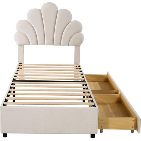 Cama infantil tapizada 90 x 200 cm con cabecero floral, somier de láminas y 2 cajones, beige (1/5)