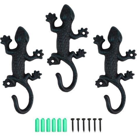 Perchero de pared de 3 piezas con diseño de lagarto, ganchos de pared vintage con tornillos, gancho rústico para colgar ropa, llaves, sombreros y bolsos, negro (1/4)