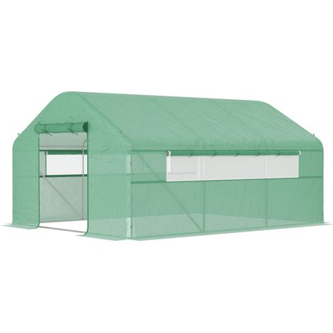 Serre tunnel de jardin 4x3x2m vert avec portes enroulables et grandes fenêtres