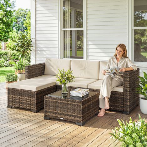 Ensemble jardin extérieur rotin 5 pièces coussins 2 fauteuils angle + fauteuil sans accoudoirs repose pieds table