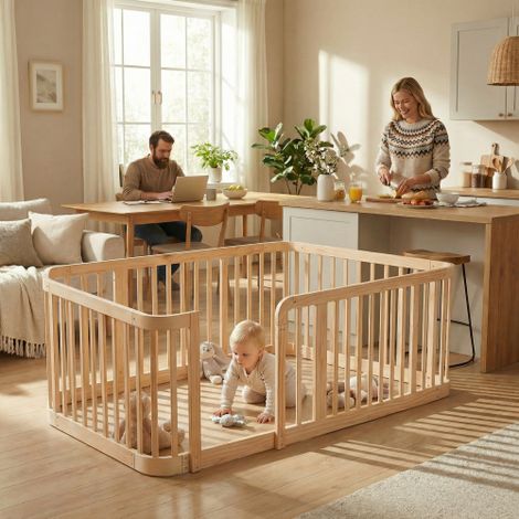 Parc bébé modulable 90x200 cm - avec marchepied anti-pincement et espacement des barreaux de 7 cm - naturel