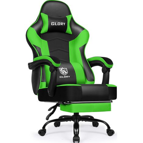 Gaming Stuhl mit Fußstütze – Ergonomischer Gamerstuhl, 170° verstellbar Gaming Chair, höhenverstellbar, mit Lendenkissen & Nackenkissen, belastbar bis 150 kg, Authmic, Grün