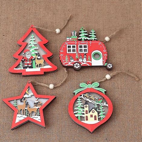 Lot de 4 décorations de Noël suspendues en bois creux avec lumières LED, étoile à cinq branches, pour sapin de Noël. (1/5)