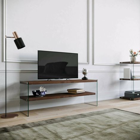 Dmora - Fernsehschrank Sargas, Ständer für Wohnzimmerfernseher, Niedriges Wohnzimmer-Sideboard, TV-Ständerbasis, 120x35h45 cm, Dunkler Nussbaum, mit verstärkter Verpackung (1/5)