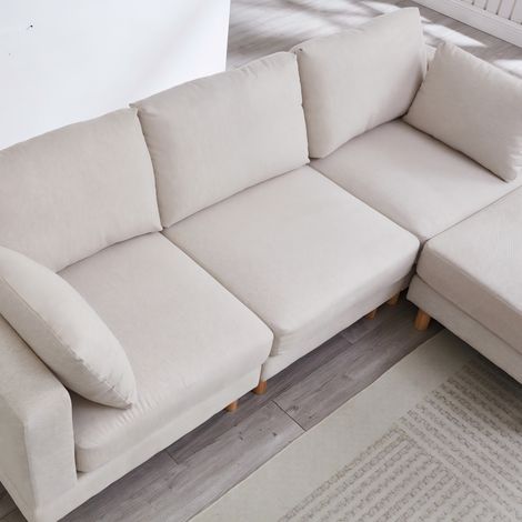 Canapé d'angle 3 places 235x152x78 cm avec pouf, sofa en L beige en polyester et pieds en bois massif pour salon moderne (1/5)
