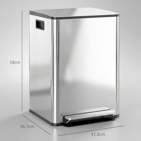 Poubelle à 2 compartiments de 20 L, couvercle à fermeture douce, anti-traces de doigts, acier inoxydable, argent (1/5)