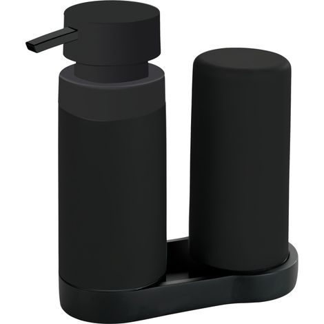 Station lavage Easy Squeeze pour la cuisine WENKO Distributeurs liquide vaisselle et savon silicone haut de gamme noir, anti fuite 2x250 ml, Ø 6 x 14cm 15x18x7cm (1/6)