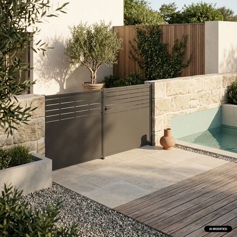 Sweeek – Portail de jardin en acier galvanisé anthracite 2 portes avec serrure – Fixation mur et sol – Dimensions 305x160cm – Poids 55.5kg