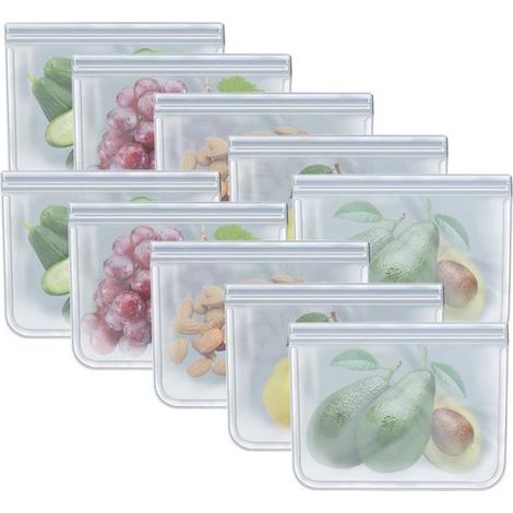 Confezione da 10 sacchetti per congelatore da un litro, riutilizzabili per conservare verdura, liquidi, snack, carne e panini, dimensioni 8,46 x 7,28 pollici. (1/5)